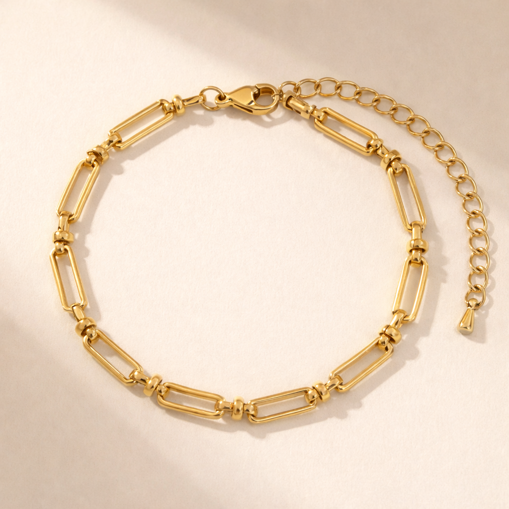 Gold rectangle link bracelet with adjustable extension chain