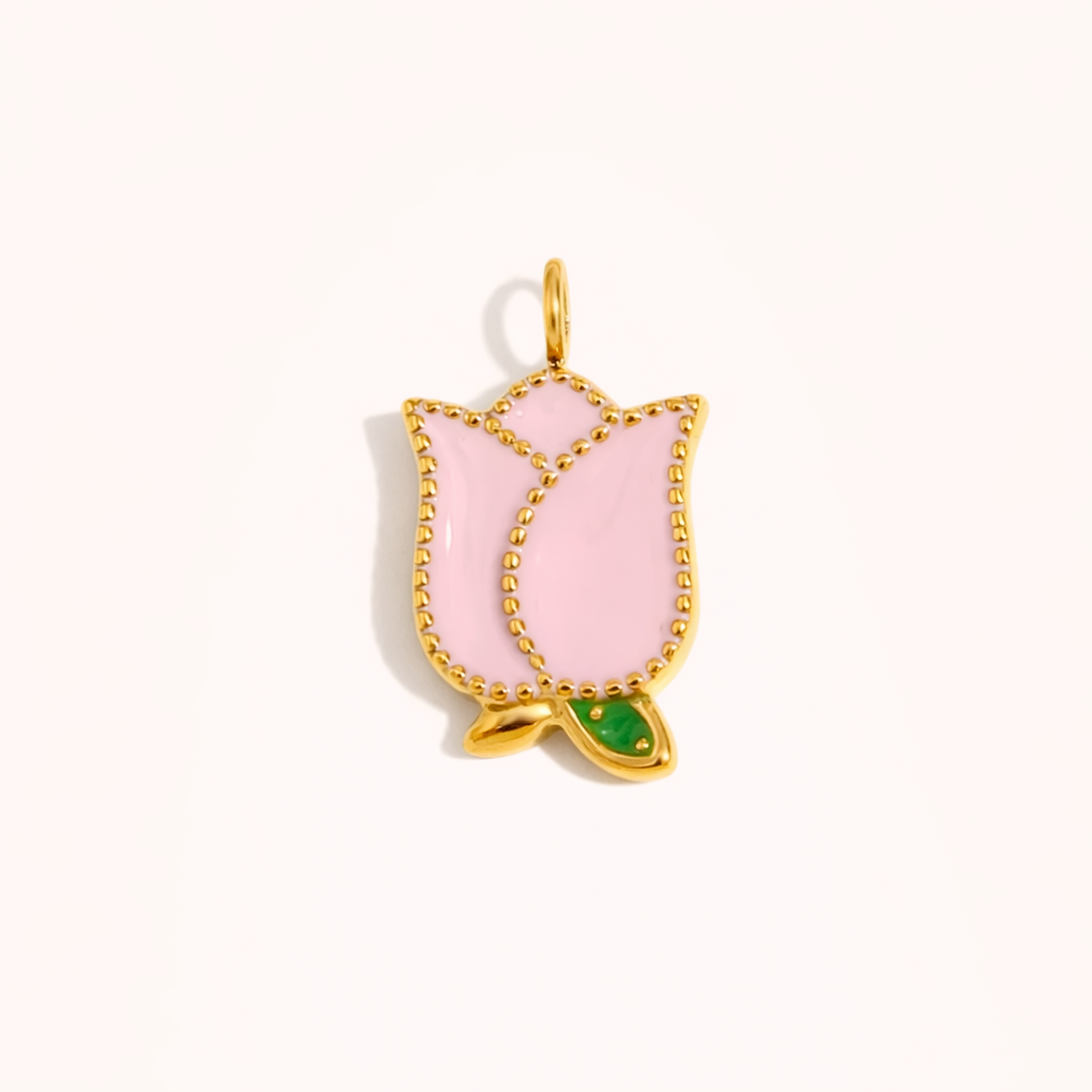 Pink enamel tulip shaped gold charm pendant with beaded edge detail
